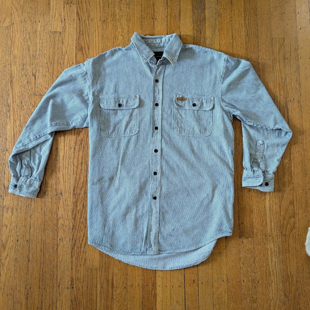 Five Brothers blue and white pin stripe workwear style button up shirt large